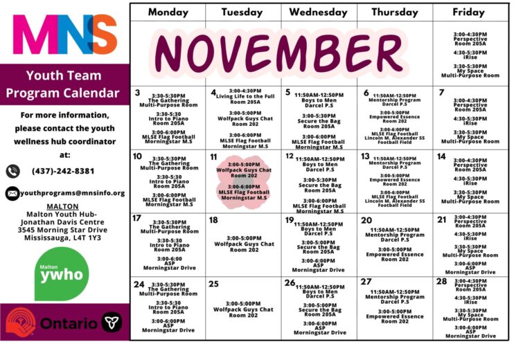 youth november program calendar